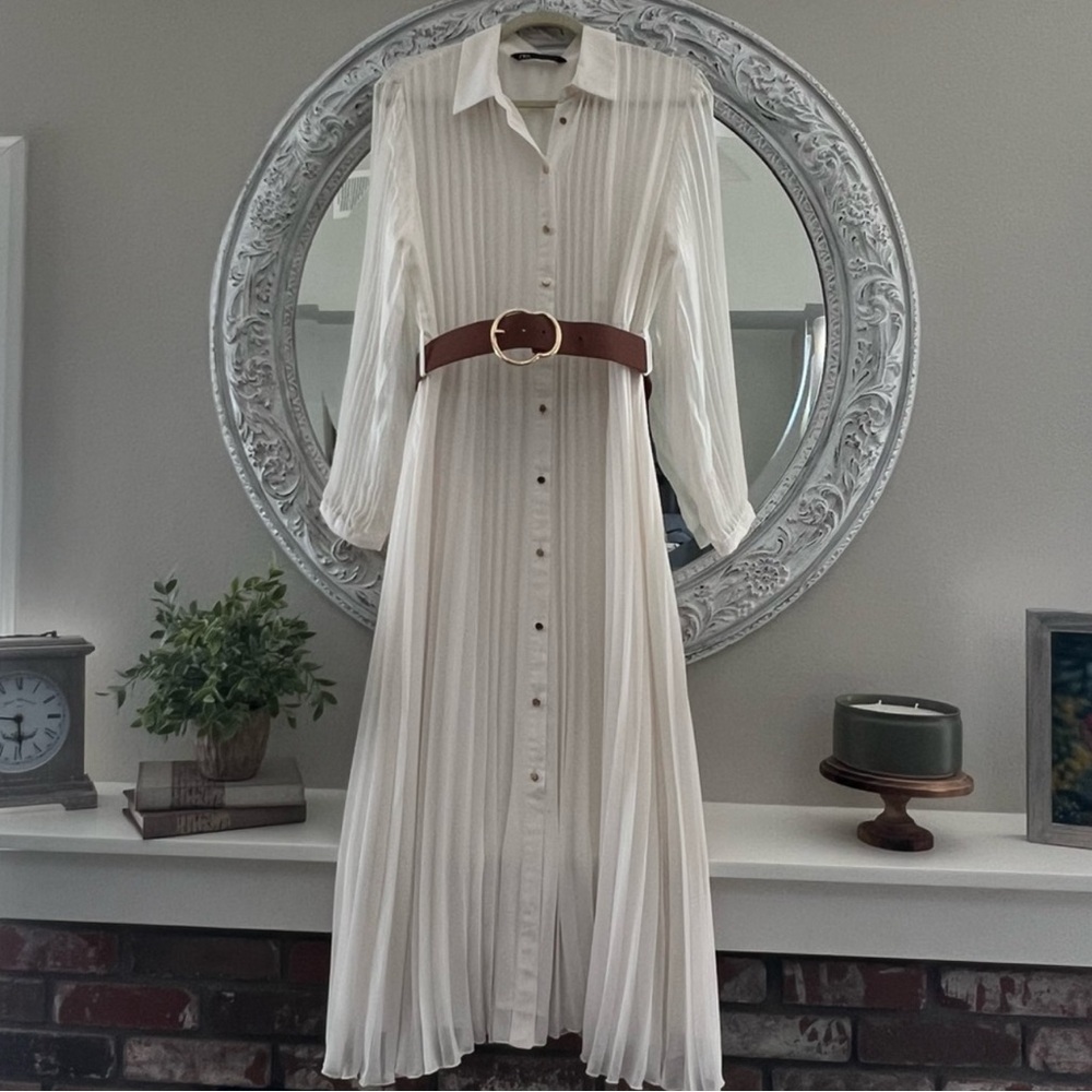 Zara Cream Maxi Shirt Dress with Long Bishop Sleeves and Peter Pan Collar
